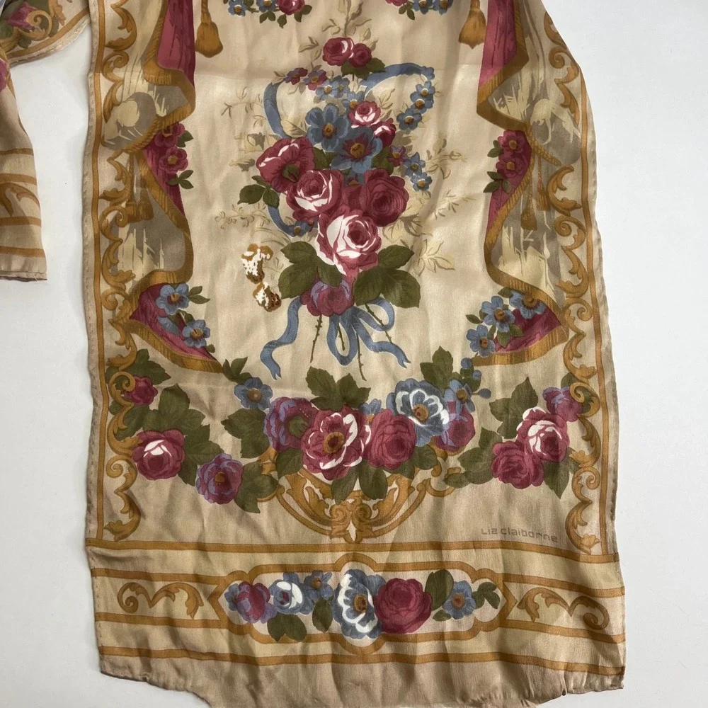 Vintage Liz Claiborne Floral Silk Scarf Women Tan Rose Ribbon Victorian Cottage